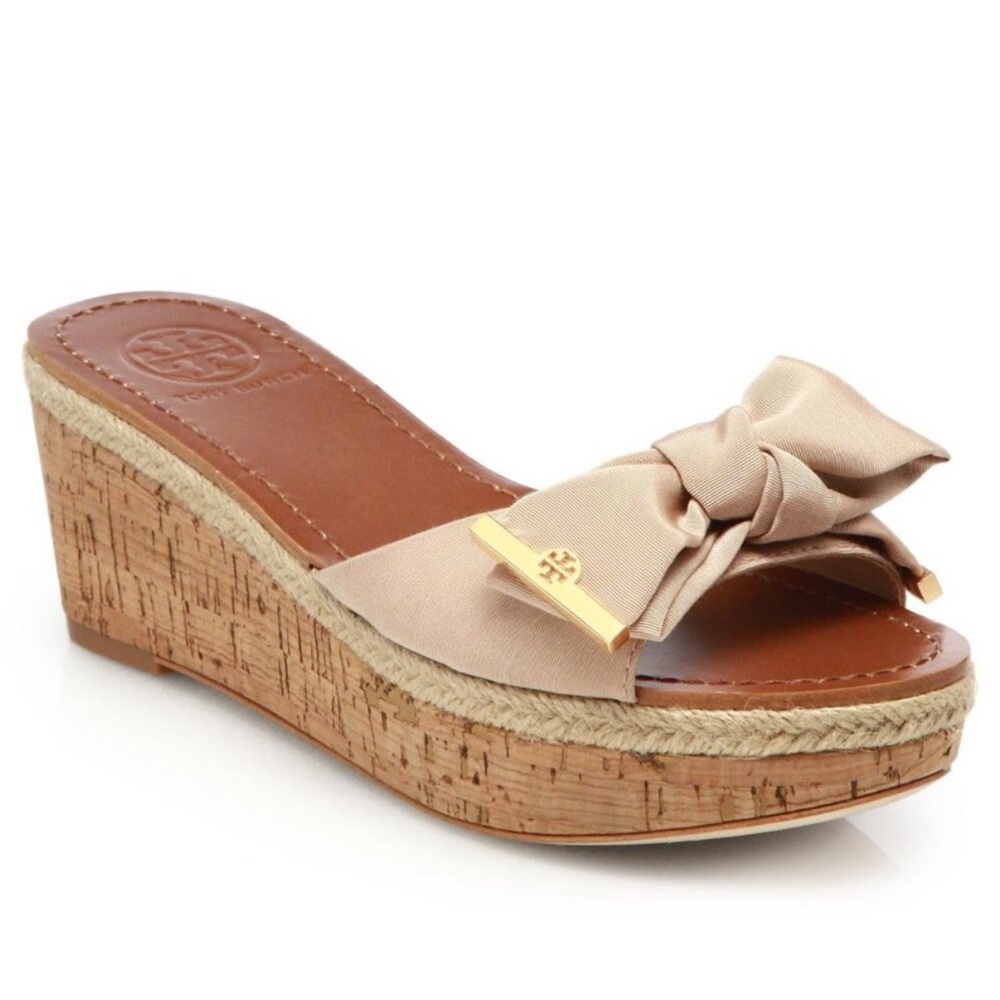 Tory Burch Beige Bow Wedge Sandals